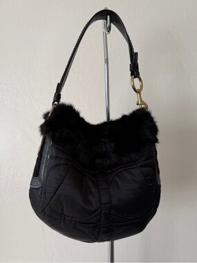 Vintage Coach Quilted Ski Hobo Black Rabbit Fur Handbag